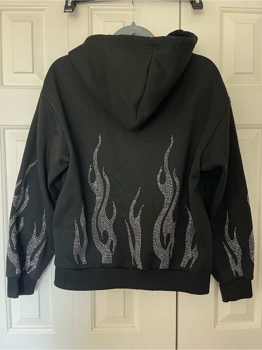 Black Rhinestone Flame Hoodie Jacket - Women